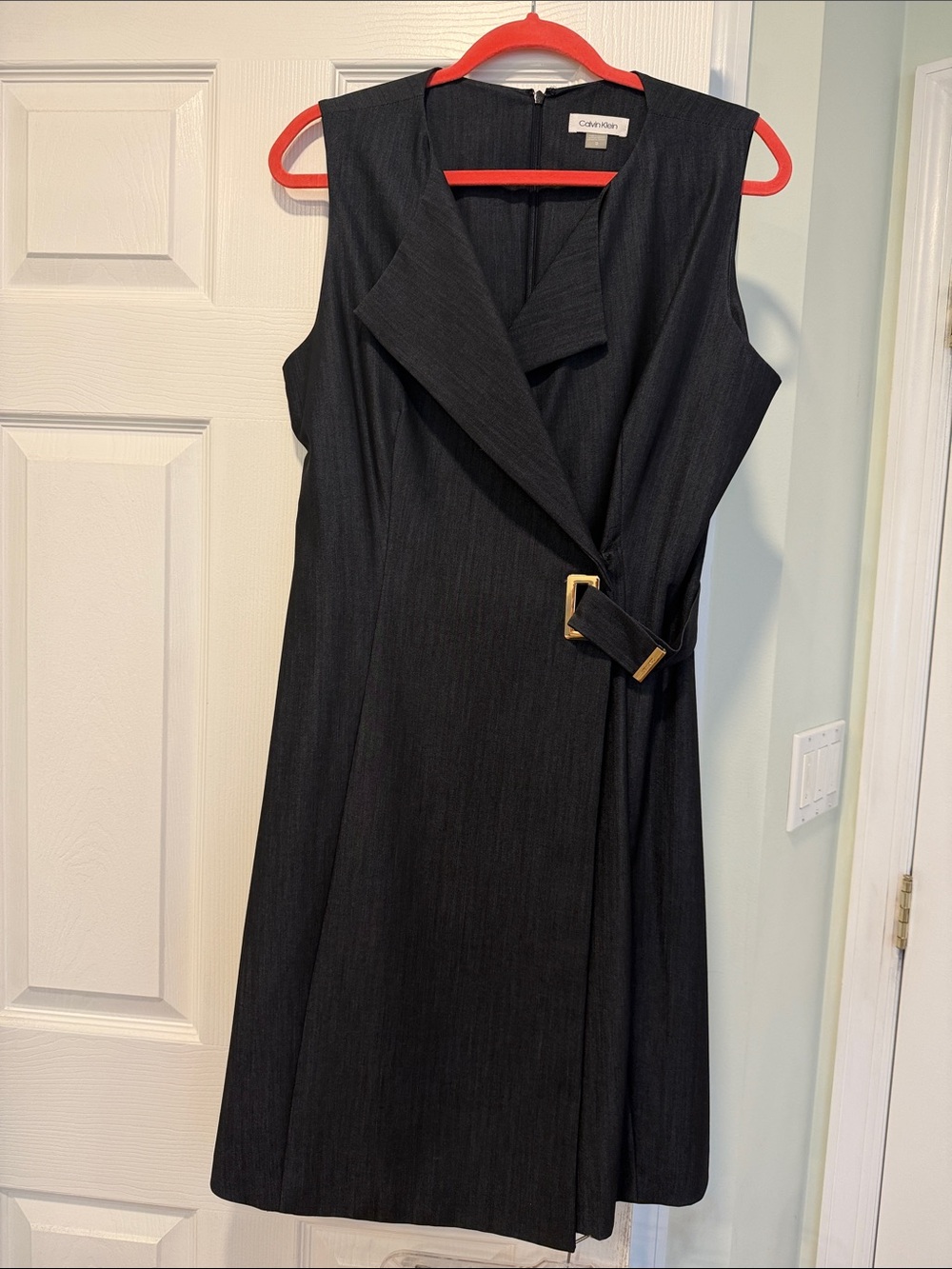 Calvin Klein Black Sleeveless Sheath Dress with Gold Buckle